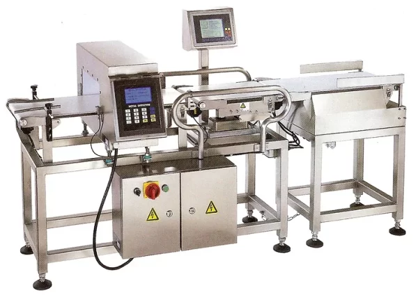 Combination Unit to for automatic metal detection and check weighing of products. Features two rejection arms, PLC control with color touch screen, 10 product memory capability, and stainless steel construction. Weight capacity up to 2.5 lbs, with a conveyor belt speed of up to 135 ft/min.