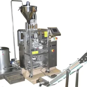 Designed to automatically package free flowing food and chemical products, etc.  Intermittent motion bag forming, OMRON PLC control, color touch screen, servo driven auger filler, pneumatic bag pulling system, self-diagnostic, safety's switches, stainless steel construction, product hopper & agitator, high/low limit switch. Printed film registration control, tear notch. Pouch style: fin seal or la seal. Optional: Hot leaf or digital printer.