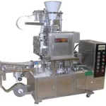 Designed to automatically package tea and coffee package with over wrap pouch. This machine features a system tea bagger for combination pouched tea bag. Consisting of Telesonic model: SB-80V tea bag with volumetric filler. Automatically transporting fill tea bag to inline pouch packer, creating flavor retaining laminated pouch at up to 40 ppm. Intermittent motion bag forming, complete with PLC control, servo motor driven, printed film registration control, solid state temperature control and thermo transfer hot leaf printer. It will package all heat seal-able laminations, coated and filter (tea bag). paper, Nylon mesh, etc.