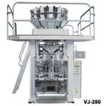 Designed to automatically package free flowing food and chemical or other products. Intermittent motion bag forming, complete with PLC control, color touch screen, servo driver, pneumatic operation of seal bars and pulling system, plexiglass enclosure (safety doors), printed registration control and tear notch. Pouch style: fin seal or lap seal.