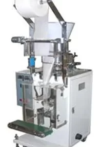 Designed to automatically package free-flowing tea & coffee, food products, etc. This machine features intermittent motion bag forming, complete with PLC control, servo motor driven of bag length, volumetric filler and hopper, printed film registration control, solid state temperature control, tear notch, and thermo hot leaf printer. It uses all heat sealable laminations, coated and filter (tea bag) paper, Nylon mesh, etc. Creates a 3-sided seal package.