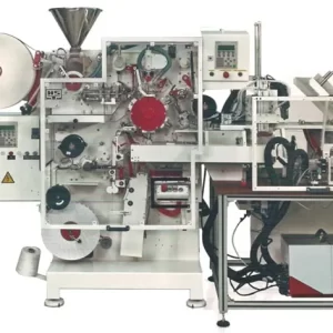 This machine produces a double-chamber bag with string and tag. This machine is available as manual packing machine, also with single row cartoning device up to 25 tea bags with multi-row cartoning device for boxes up to 100 tea bags.